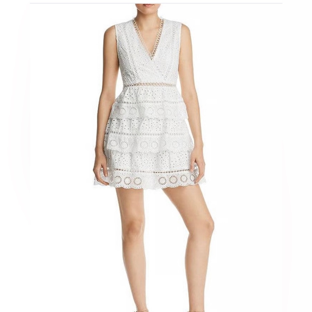 Aqua Tiered Cotton Eyelet Sleeveless Lace Ruffle Mini Dress in White
